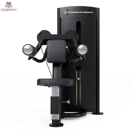 Titanium Strength Black Series Selectorisierte Seitenheben – Vorderansicht mit Sitz, Armpolstern und Gewichtsturm, schwarz