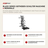 Titanium Strength Black Series Seitheben Schulter Maschine mit 4 Merkmalen: Seitheben an der Maschine, Unabhängige Hebelarme, Plate-Loaded bis 200 kg, Scheibenablagen an beiden Rahmenpfosten