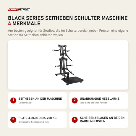 Titanium Strength Black Series Seitheben Schulter Maschine mit 4 Merkmalen: Seitheben an der Maschine, Unabhängige Hebelarme, Plate-Loaded bis 200 kg, Scheibenablagen an beiden Rahmenpfosten
