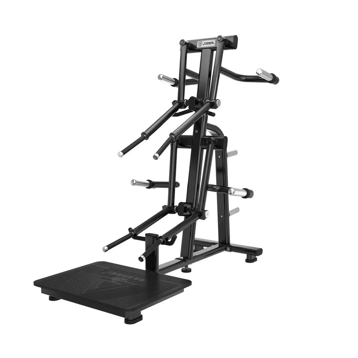 Titanium Strength Black Series Seitheben Schulter Maschine in Schrägansicht von hinten links mit Bodenplatte