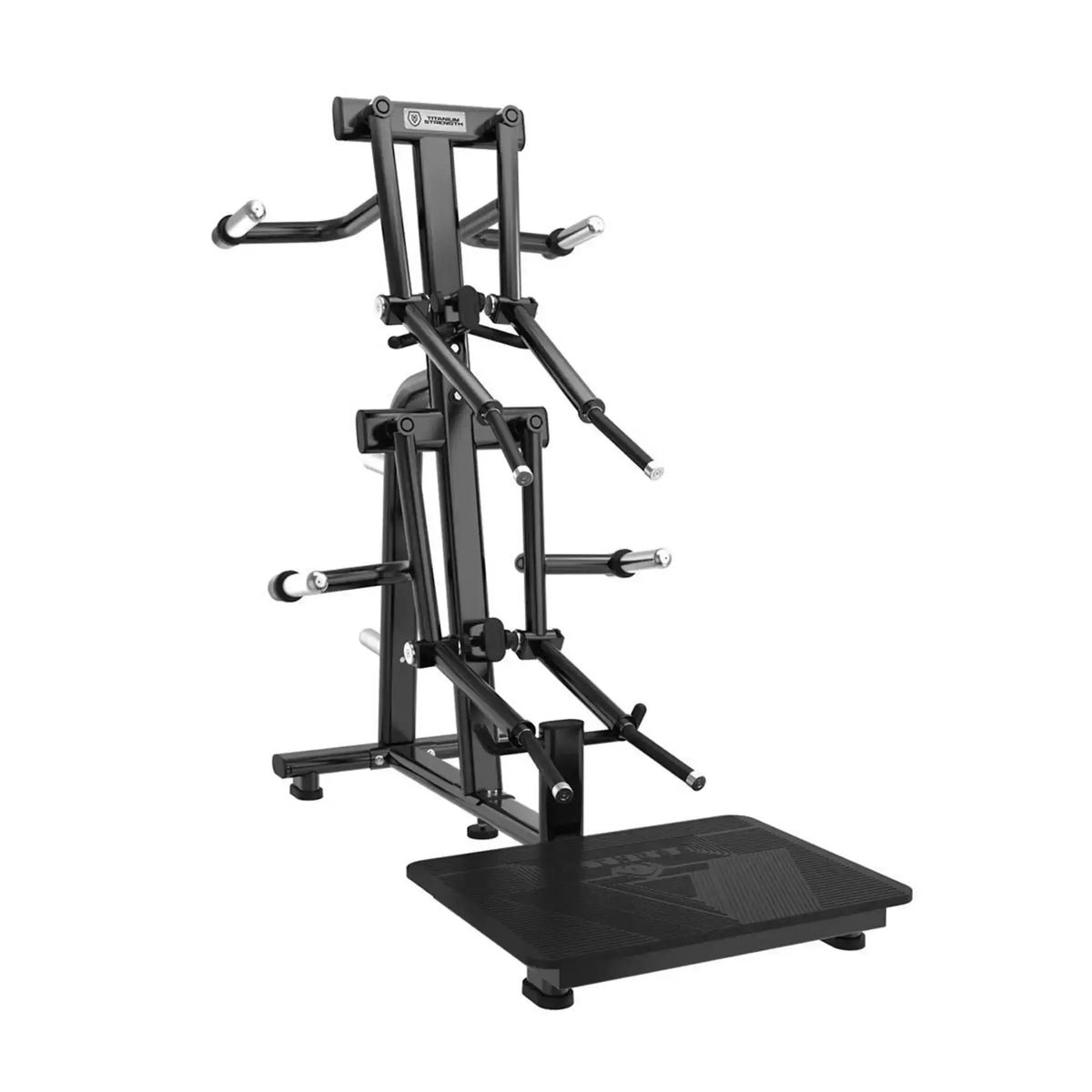 Titanium Strength Black Series Seitheben Schulter Maschine in Schrägansicht von vorn mit Bodenplatte und Hebelarmen
