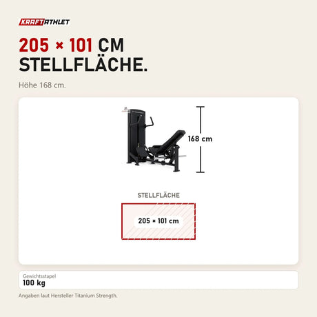 Maßbild Titanium Strength Black Series Selectorisierte Hip Thrust: Stellfläche 205 × 101 cm, Höhe 168 cm