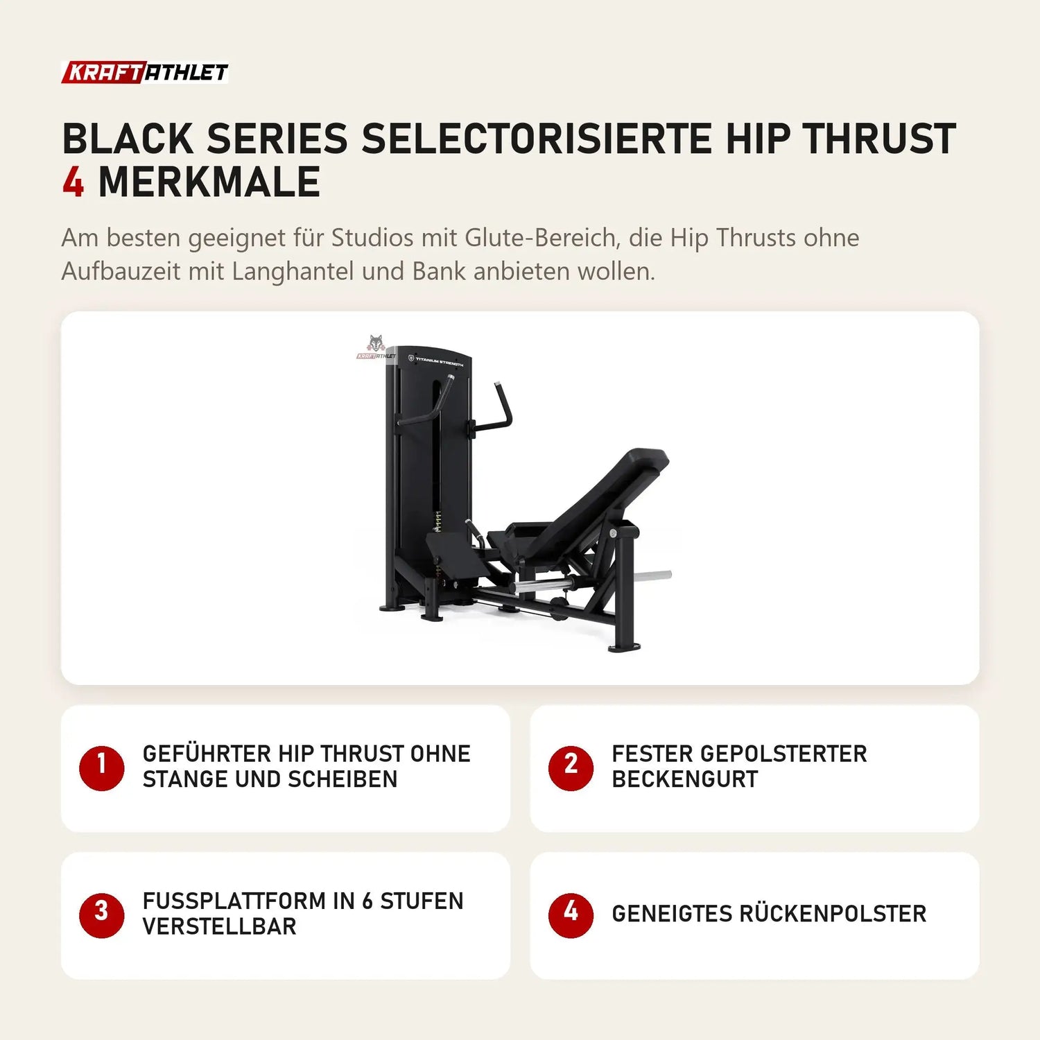 Titanium Strength Black Series Selectorisierte Hip Thrust mit 4 Merkmalen: Geführter Hip Thrust ohne Stange und Scheiben, Fester gepolsterter Beckengurt, Fußplattform in 6 Stufen verstellbar, Geneigtes Rückenpolster