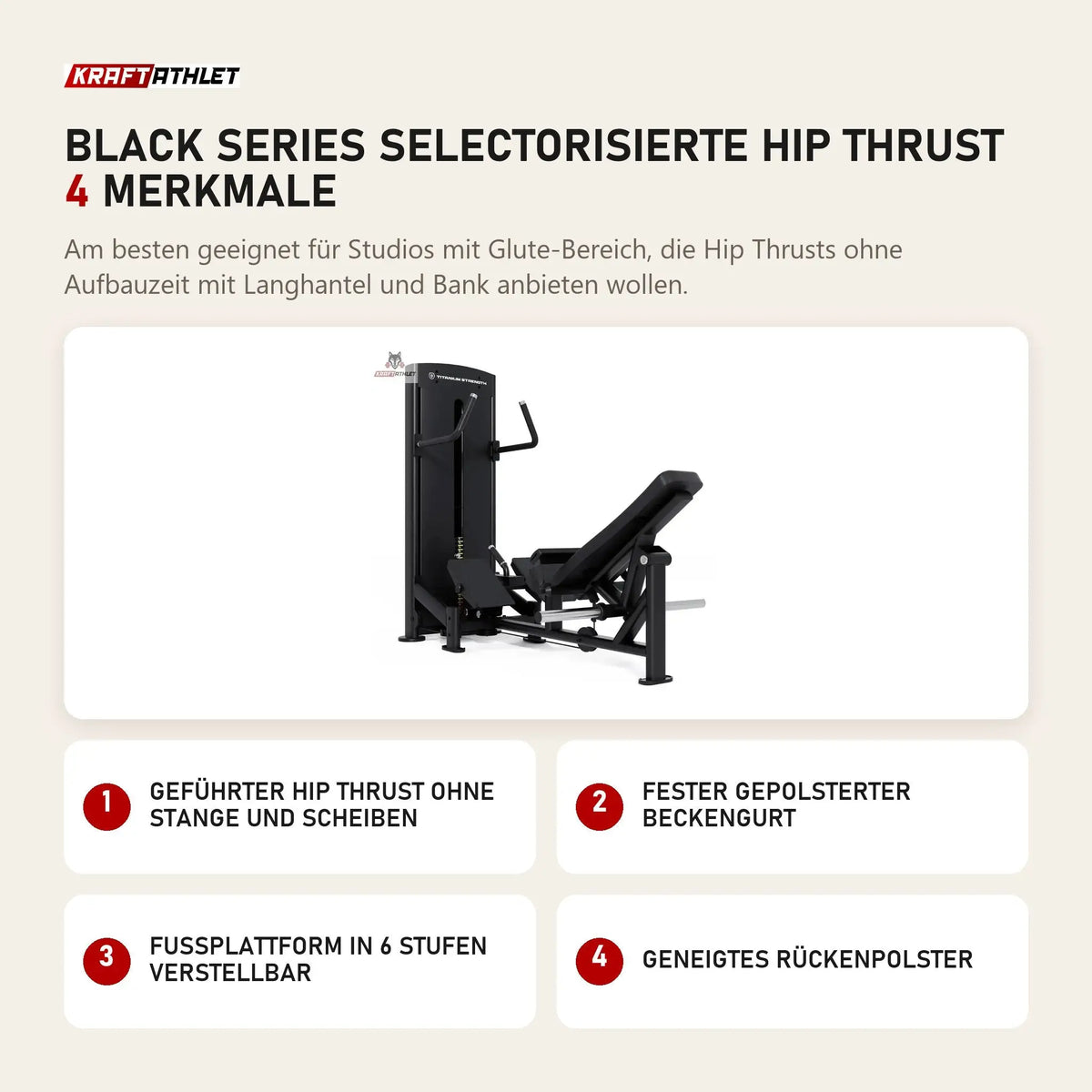 Titanium Strength Black Series Selectorisierte Hip Thrust mit 4 Merkmalen: Geführter Hip Thrust ohne Stange und Scheiben, Fester gepolsterter Beckengurt, Fußplattform in 6 Stufen verstellbar, Geneigtes Rückenpolster