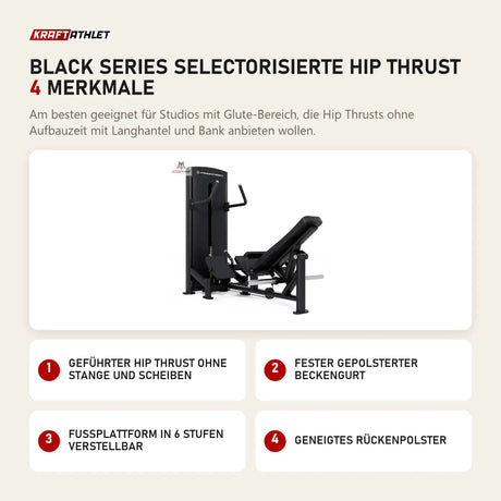Titanium Strength Black Series Selectorisierte Hip Thrust mit 4 Merkmalen: Geführter Hip Thrust ohne Stange und Scheiben, Fester gepolsterter Beckengurt, Fußplattform in 6 Stufen verstellbar, Geneigtes Rückenpolster