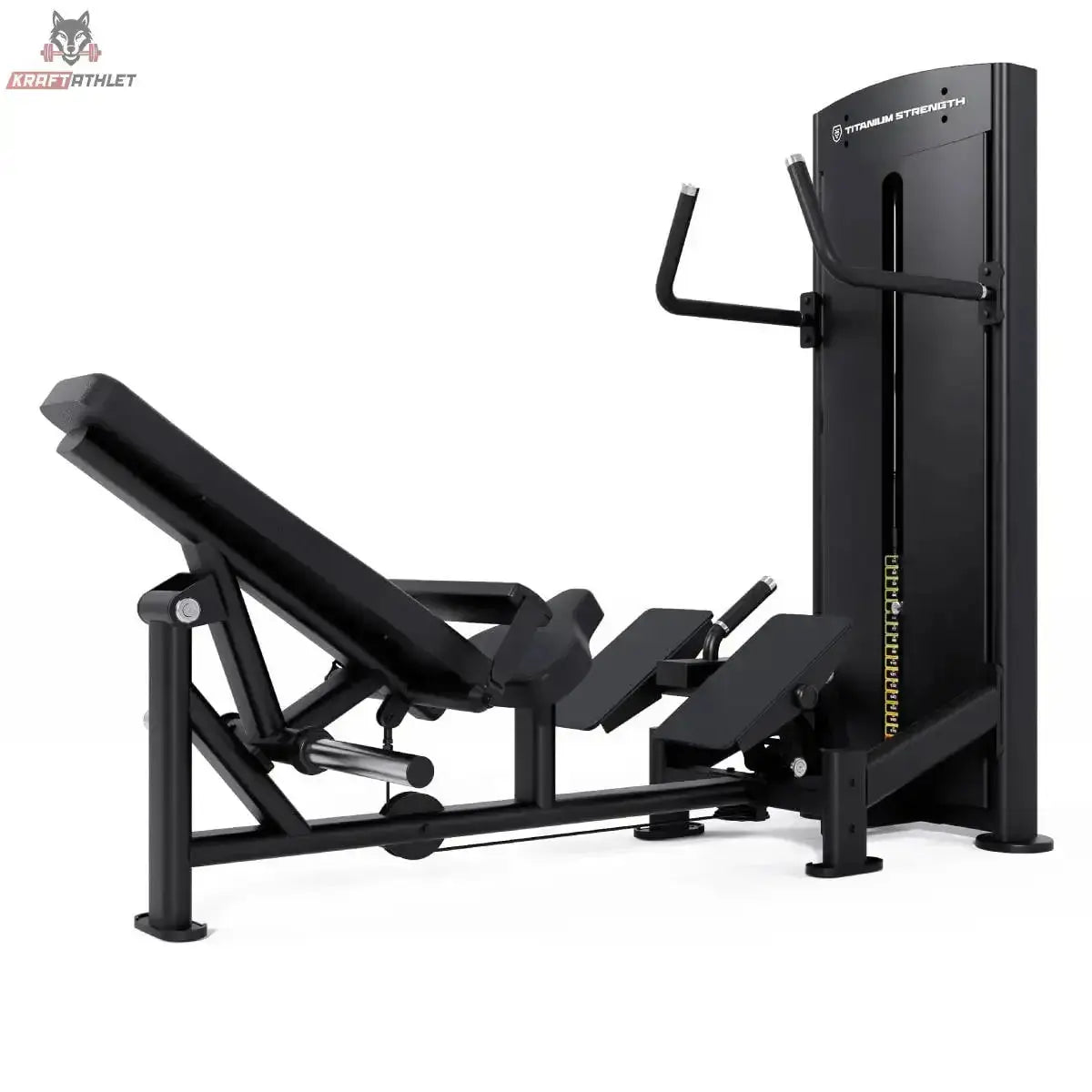 Titanium Strength Black Series Selectorisierte Hip Thrust – Schrägansicht von der anderen Seite mit Rückenpolster, schwarz