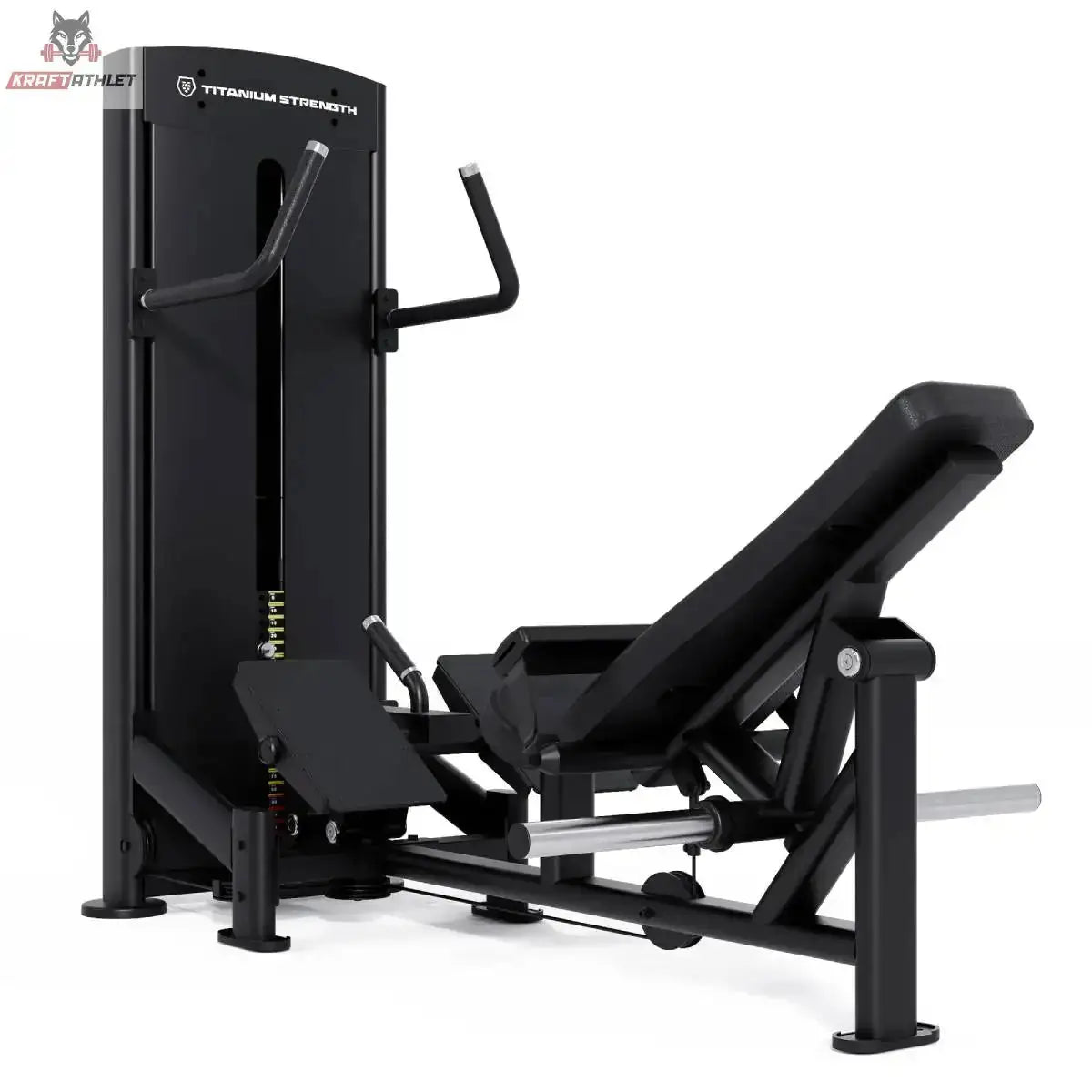 Titanium Strength Black Series Selectorisierte Hip Thrust – Schrägansicht mit Liegepolster, Hüftbügel und Gewichtsstapel, schwarz