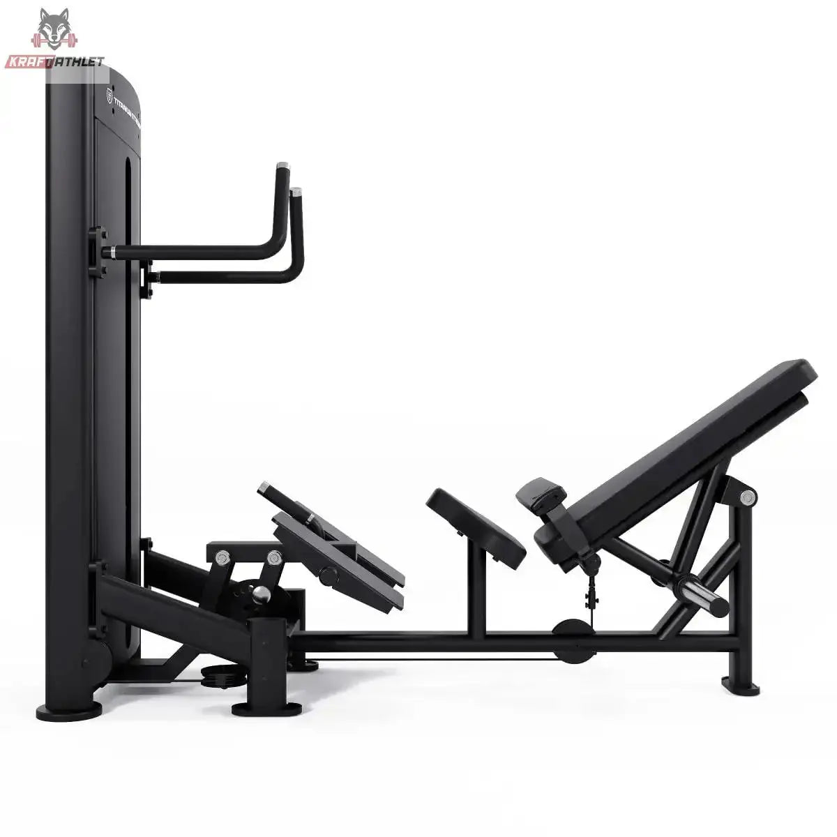 Titanium Strength Black Series Selectorisierte Hip Thrust – Seitenansicht mit Rückenpolster, Hüftbügel und Gewichtsturm, schwarz