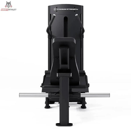 Titanium Strength Black Series Selectorisierte Hip Thrust – Vorderansicht von der Fußseite mit Hüftbügel, schwarz