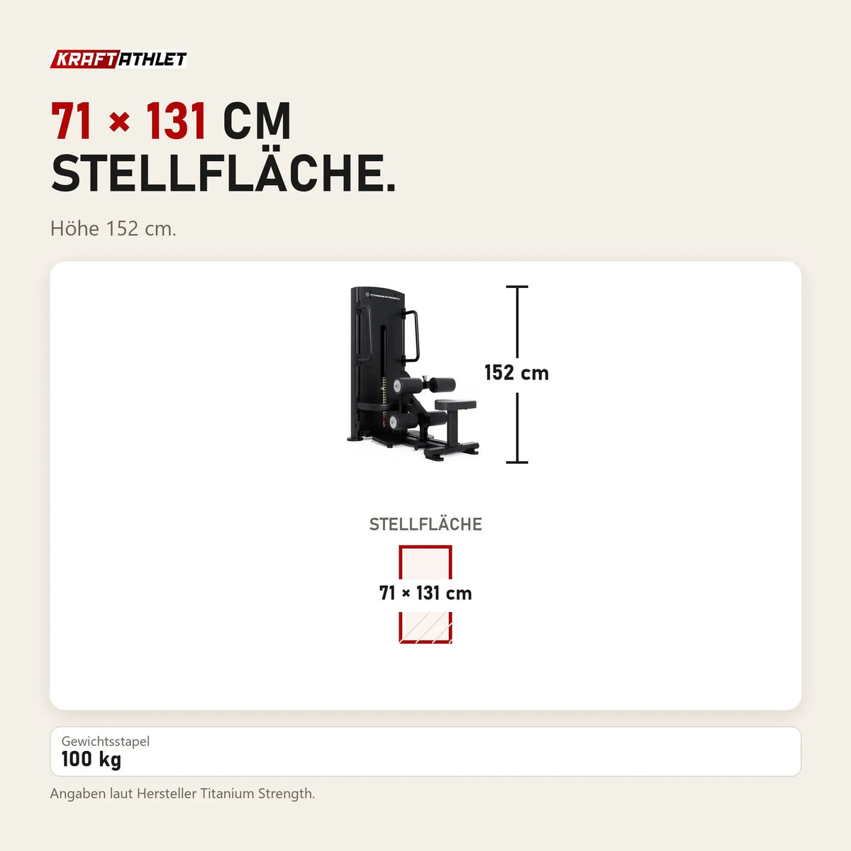 Maßbild Titanium Strength Black Series Selectorisierte Ultimate Hip Thrust: Stellfläche 71 × 131 cm, Höhe 152 cm