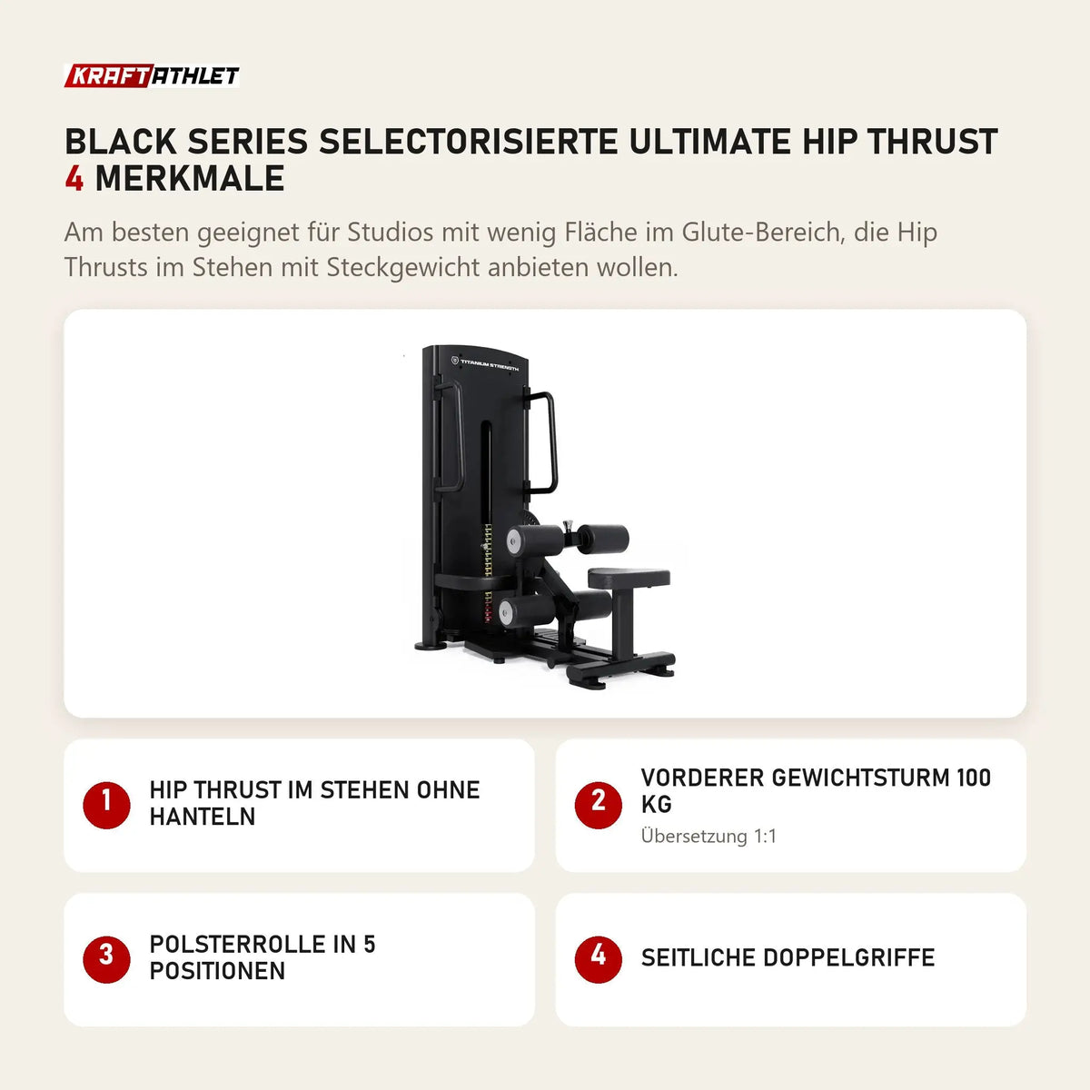 Titanium Strength Black Series Selectorisierte Ultimate Hip Thrust mit 4 Merkmalen: Hip Thrust im Stehen ohne Hanteln, Vorderer Gewichtsturm 100 kg, Polsterrolle in 5 Positionen, Seitliche Doppelgriffe