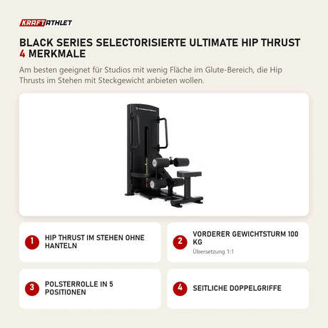 Titanium Strength Black Series Selectorisierte Ultimate Hip Thrust mit 4 Merkmalen: Hip Thrust im Stehen ohne Hanteln, Vorderer Gewichtsturm 100 kg, Polsterrolle in 5 Positionen, Seitliche Doppelgriffe