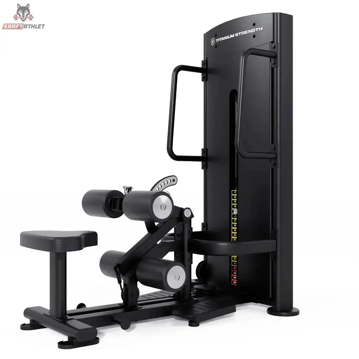 Titanium Strength Black Series Selectorisierte Ultimate Hip Thrust: Schrägansicht von links mit Rückenpolster und Beckenrolle