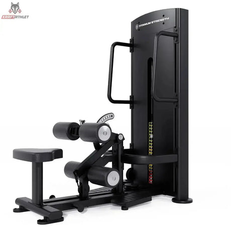Titanium Strength Black Series Selectorisierte Ultimate Hip Thrust: Schrägansicht von links mit Rückenpolster und Beckenrolle