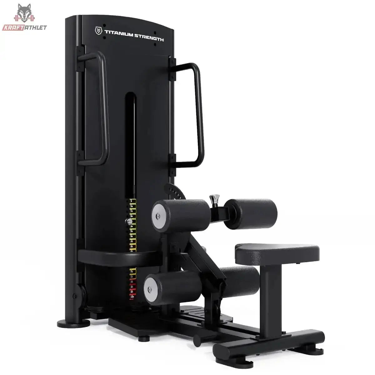Titanium Strength Black Series Selectorisierte Ultimate Hip Thrust: Schrägansicht von rechts mit Sitzbank und Beinrollen