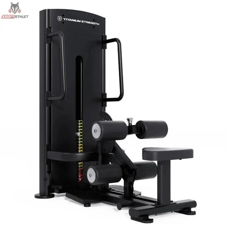 Titanium Strength Black Series Selectorisierte Ultimate Hip Thrust: Schrägansicht von rechts mit Sitzbank und Beinrollen