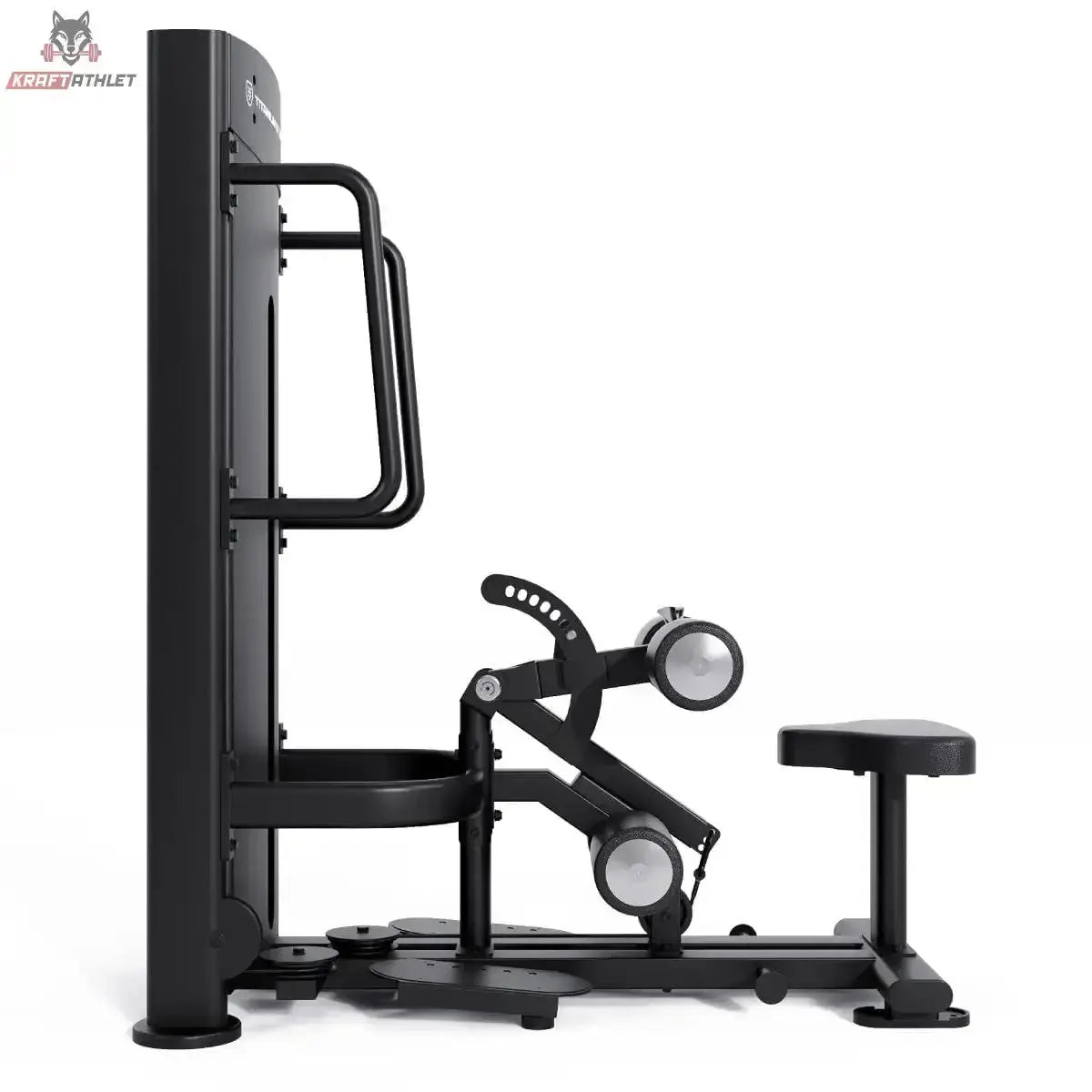 Titanium Strength Black Series Selectorisierte Ultimate Hip Thrust: Seitenansicht mit Sitzbank, Beckenrolle und Haltegriff