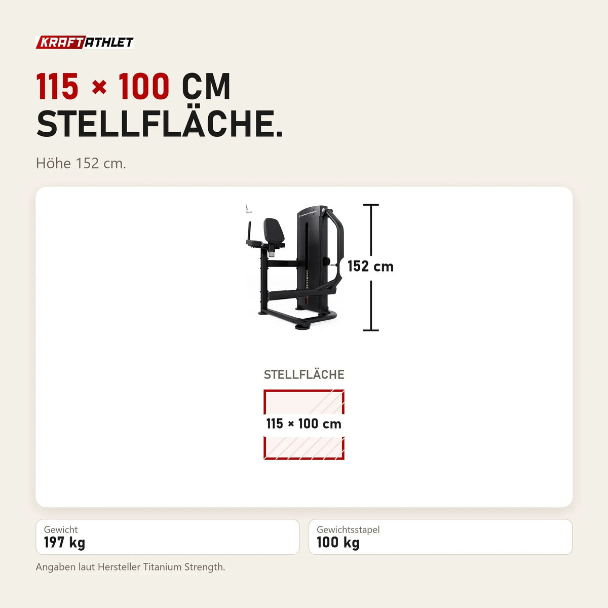 Maßbild Titanium Strength Black Series Selectorized Glute: Stellfläche 115 × 100 cm, Höhe 152 cm