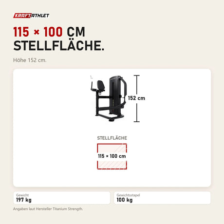 Maßbild Titanium Strength Black Series Selectorized Glute: Stellfläche 115 × 100 cm, Höhe 152 cm