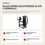 Titanium Strength Black Series Selectorized Glute mit 4 Merkmalen: Geführter Rücktritt im Stehen, Brustpolster in 8 Positionen, Offener Seiteneinstieg, Gummigriffe für festen Halt