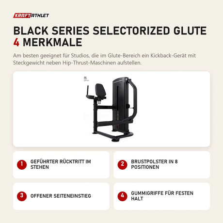 Titanium Strength Black Series Selectorized Glute mit 4 Merkmalen: Geführter Rücktritt im Stehen, Brustpolster in 8 Positionen, Offener Seiteneinstieg, Gummigriffe für festen Halt