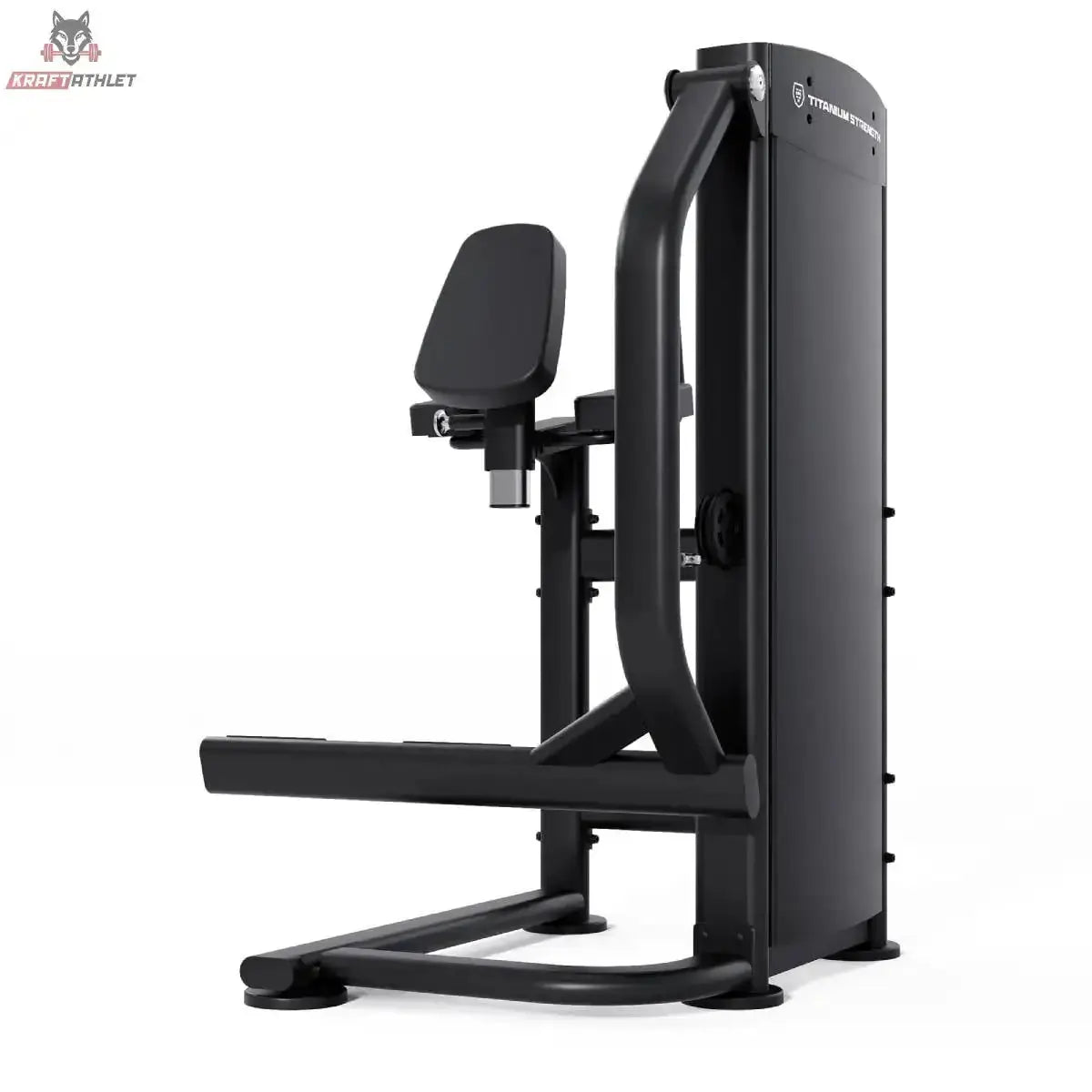Titanium Strength Black Series Selectorized Glute: Schrägansicht von links mit Rückenpolster und Hebel
