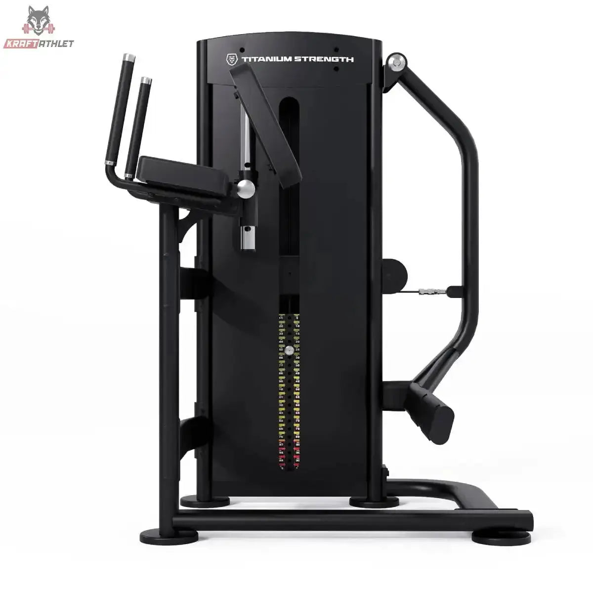 Titanium Strength Black Series Selectorized Glute: Seitenansicht mit Gewichtsturm und Beinhebel