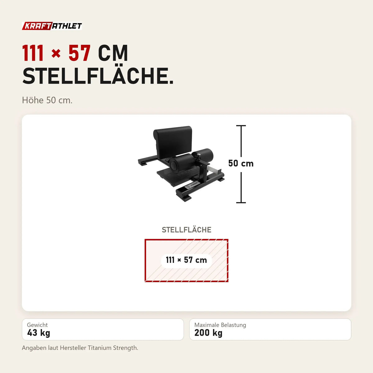 Maßbild Titanium Strength Black Series Sissy Squat BS-SS: Stellfläche 111 × 57 cm, Höhe 50 cm