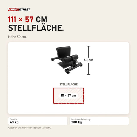 Maßbild Titanium Strength Black Series Sissy Squat BS-SS: Stellfläche 111 × 57 cm, Höhe 50 cm
