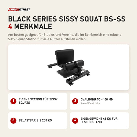 Titanium Strength Black Series Sissy Squat BS-SS mit 4 Merkmalen: Eigene Station für Sissy Squats, Ovalrohr 50 × 100 mm, Belastbar bis 200 kg, Eigengewicht 43 kg für festen Stand