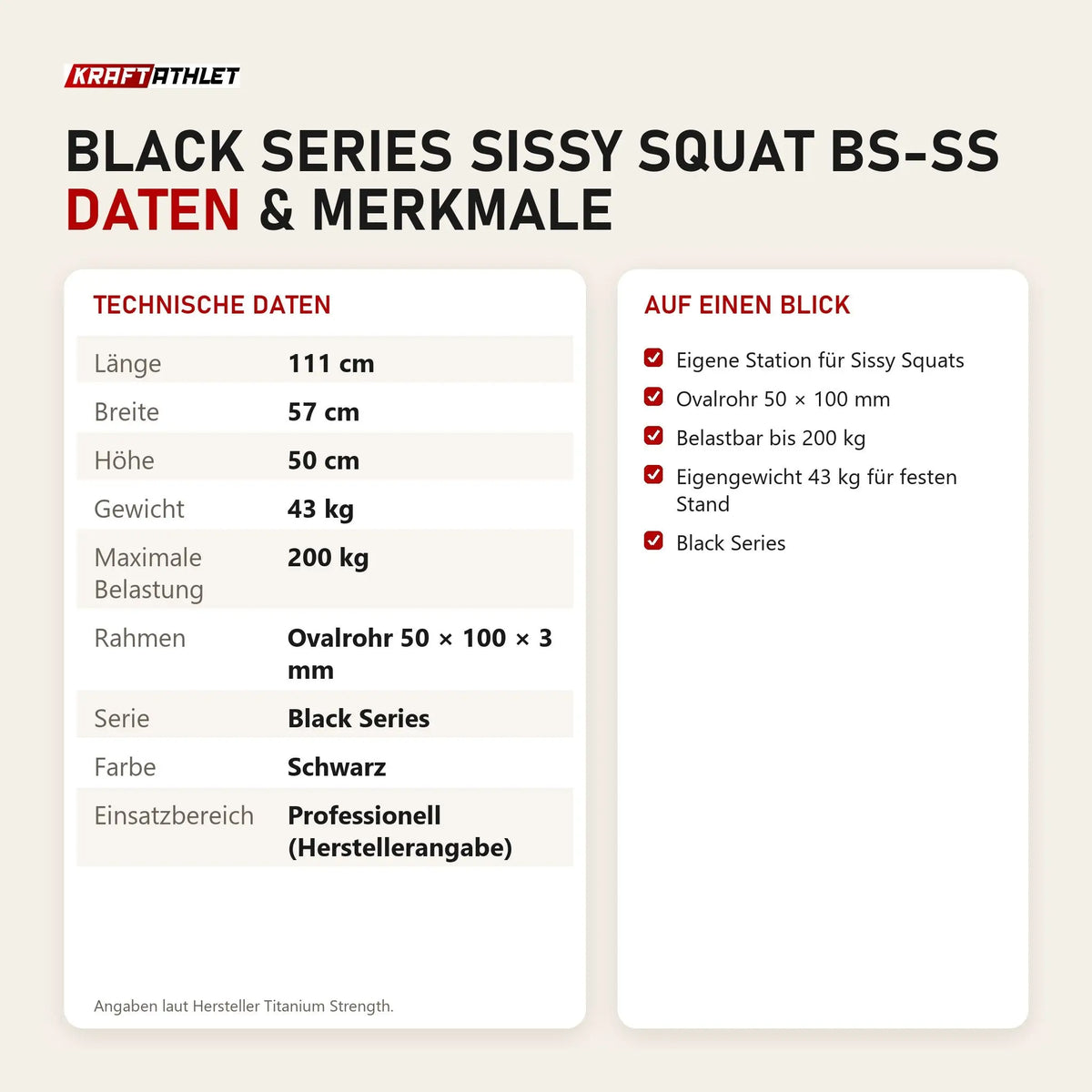 Technische Daten und Merkmale von Titanium Strength Black Series Sissy Squat BS-SS als Tabelle