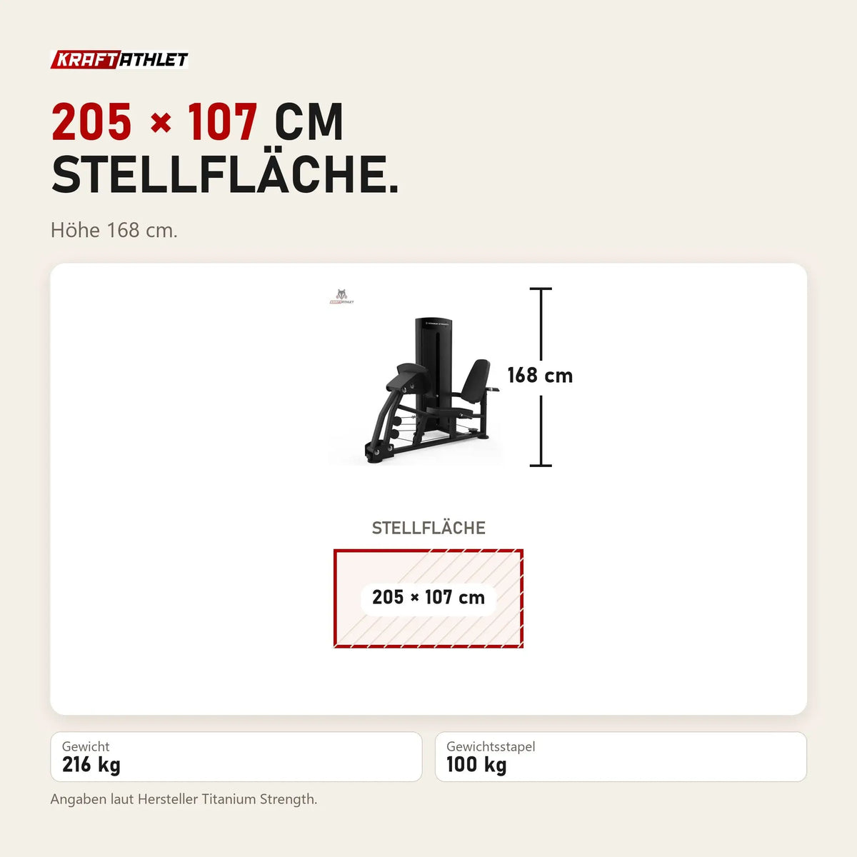 Maßbild Titanium Strength Black Series Sitzende Beinpresse und Wadenheben: Stellfläche 205 × 107 cm, Höhe 168 cm