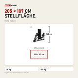 Maßbild Titanium Strength Black Series Sitzende Beinpresse und Wadenheben: Stellfläche 205 × 107 cm, Höhe 168 cm