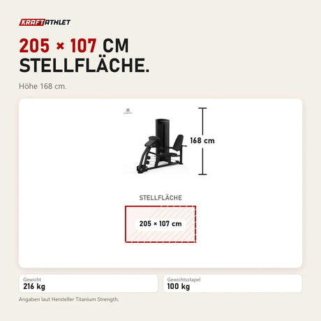 Maßbild Titanium Strength Black Series Sitzende Beinpresse und Wadenheben: Stellfläche 205 × 107 cm, Höhe 168 cm