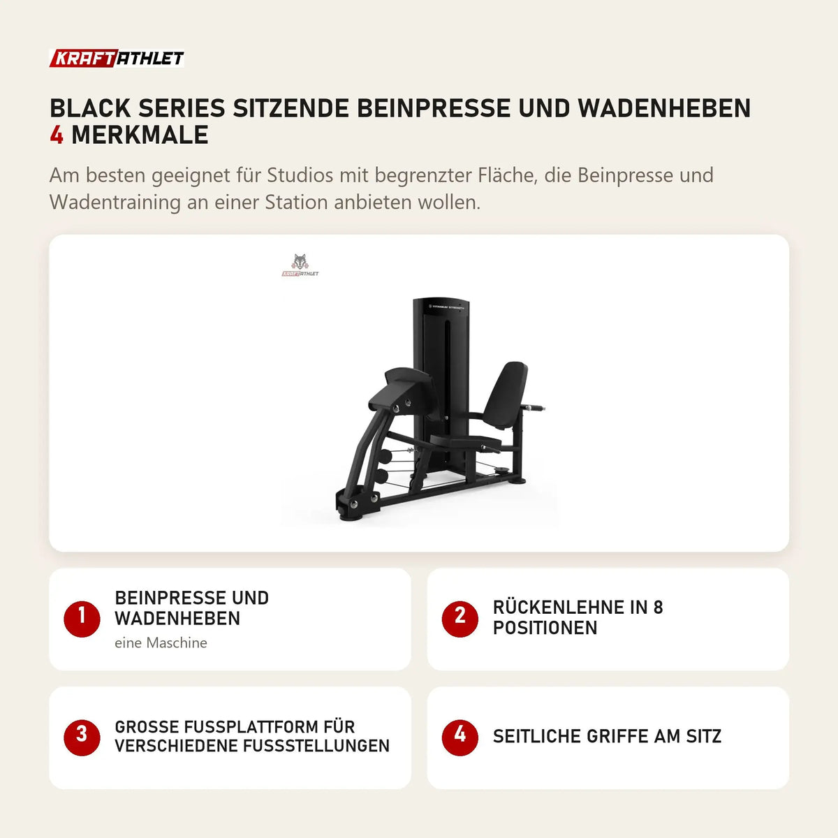 Titanium Strength Black Series Sitzende Beinpresse und Wadenheben mit 4 Merkmalen: Beinpresse und Wadenheben, Rückenlehne in 8 Positionen, Große Fußplattform für verschiedene Fußstellungen, Seitliche Griffe am Sitz