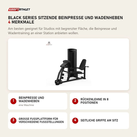 Titanium Strength Black Series Sitzende Beinpresse und Wadenheben mit 4 Merkmalen: Beinpresse und Wadenheben, Rückenlehne in 8 Positionen, Große Fußplattform für verschiedene Fußstellungen, Seitliche Griffe am Sitz