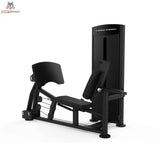 Titanium Strength Black Series Sitzende Beinpresse und Wadenheben: Schrägansicht von links mit Sitz und Fußplatte, in Schwarz