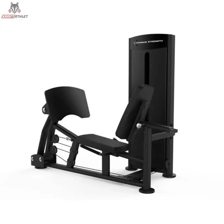 Titanium Strength Black Series Sitzende Beinpresse und Wadenheben: Schrägansicht von links mit Sitz und Fußplatte, in Schwarz