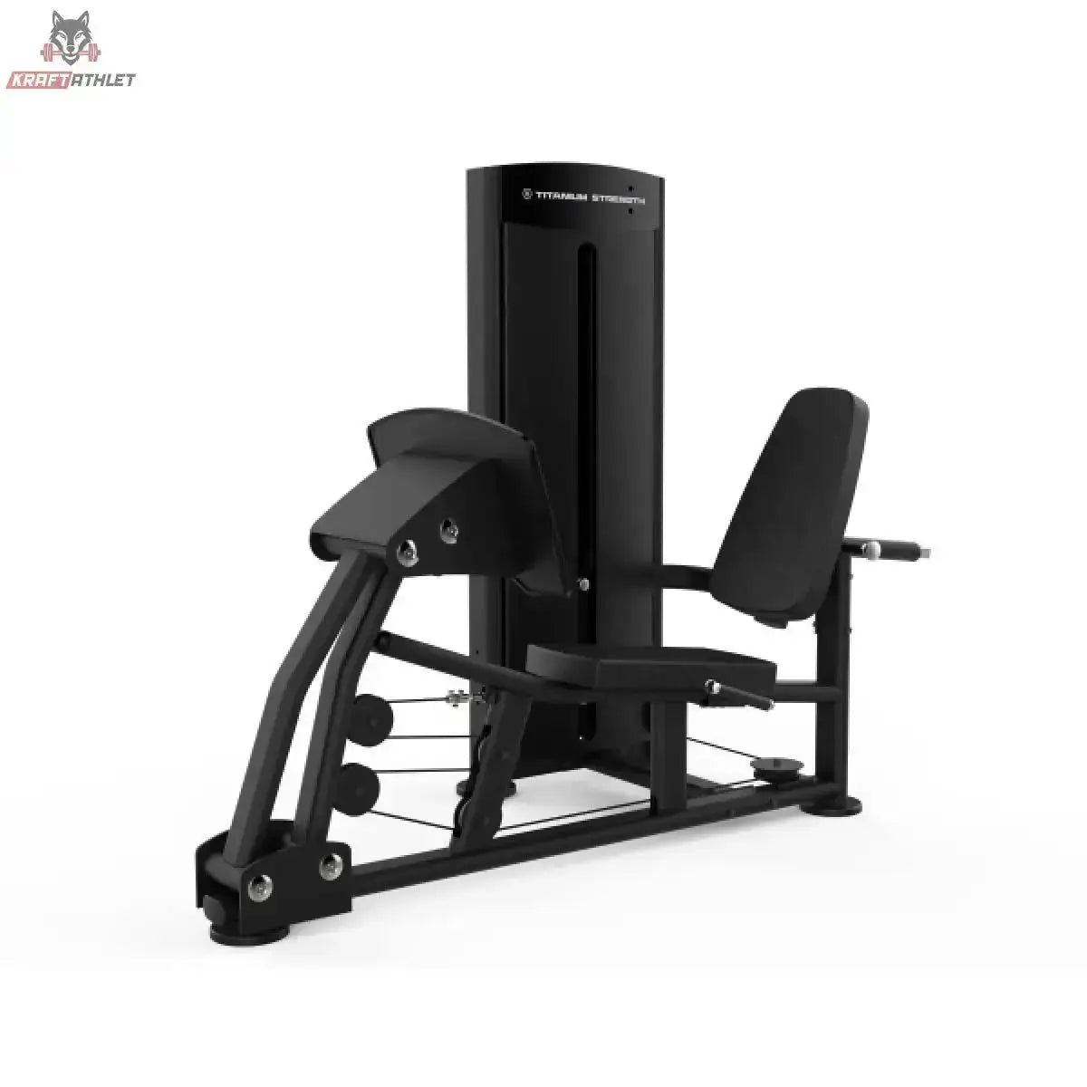 Titanium Strength Black Series Sitzende Beinpresse und Wadenheben: Schrägansicht von vorne mit Fußplatte und Rückenlehne, in Schwarz