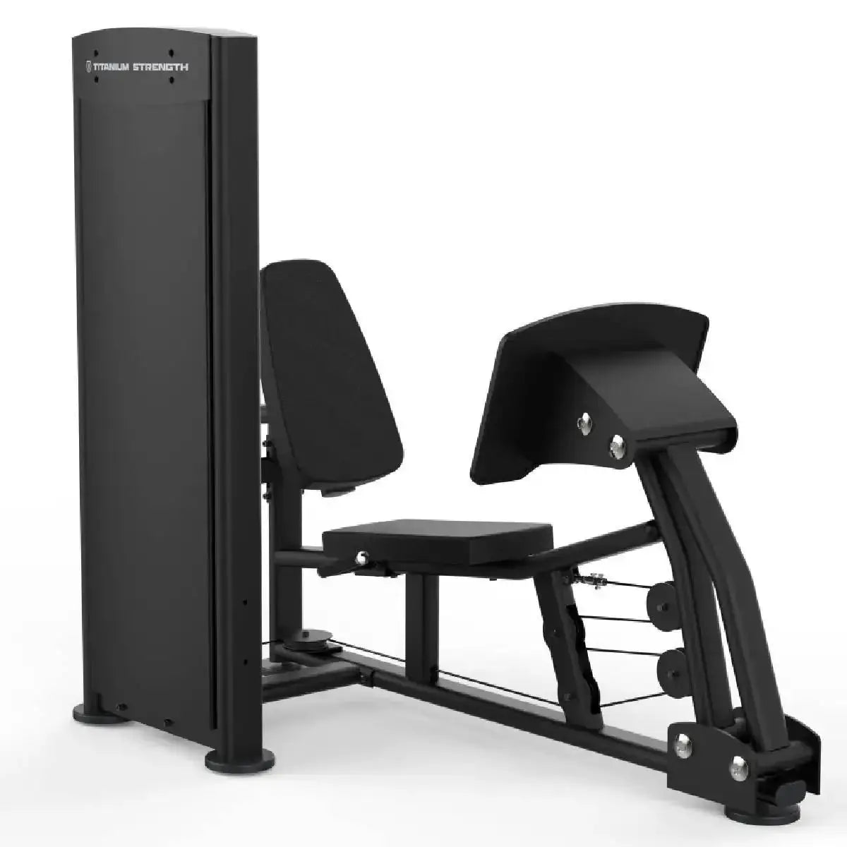 Titanium Strength Black Series Sitzende Beinpresse und Wadenheben: Seitenansicht mit Gewichtsturm im Vordergrund, in Schwarz