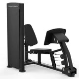 Titanium Strength Black Series Sitzende Beinpresse und Wadenheben: Seitenansicht mit Gewichtsturm im Vordergrund, in Schwarz