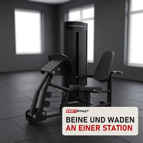 Titanium Strength Black Series Sitzende Beinpresse und Wadenheben in einem fertig eingerichteten Studio mit dunklen Wänden und Gummiboden