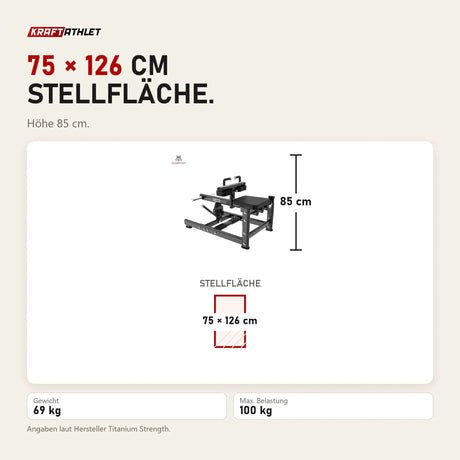 Maßbild Titanium Strength Black Series Sitzende Wadenmaschine: Stellfläche 75 × 126 cm, Höhe 85 cm