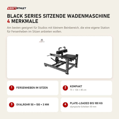 Titanium Strength Black Series Sitzende Wadenmaschine mit 4 Merkmalen: Fersenheben im Sitzen, Kompakt, Ovalrohr 50 × 100 × 3 mm, Plate-Loaded bis 100 kg