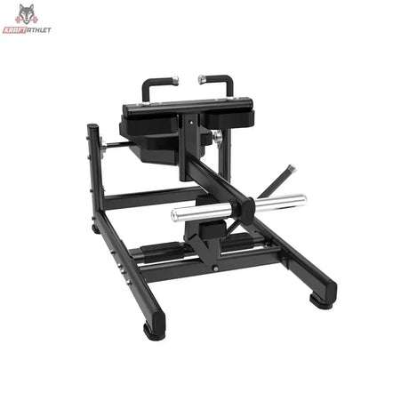 Titanium Strength Black Series Sitzende Wadenmaschine: Schrägansicht von hinten mit Scheibenhalter und Fußplatte