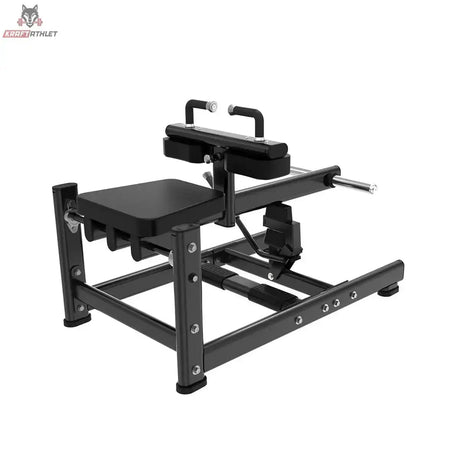 Titanium Strength Black Series Sitzende Wadenmaschine: Schrägansicht von links mit Scheibenhalter am Hebelarm