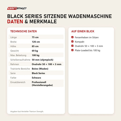 Technische Daten und Merkmale von Titanium Strength Black Series Sitzende Wadenmaschine als Tabelle
