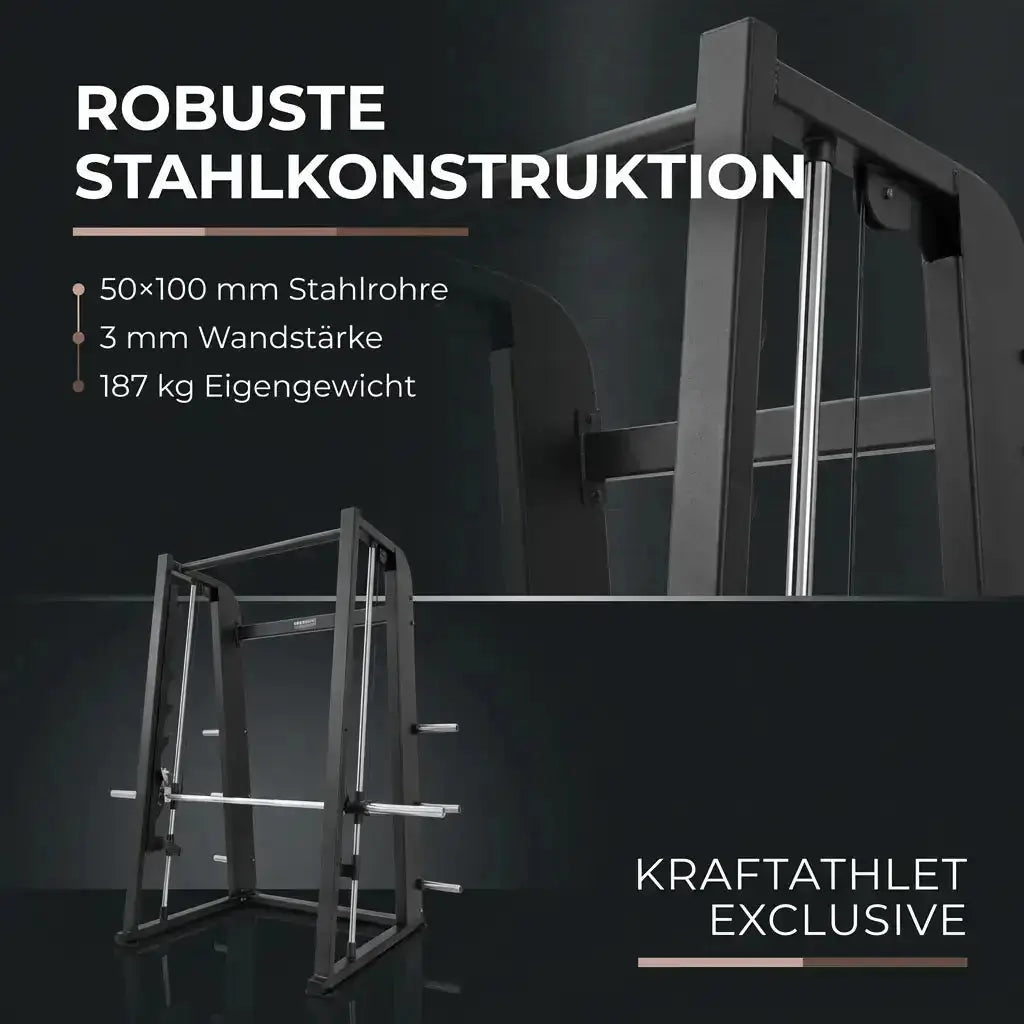 Titanium Strength Black Series Smith-Maschine 7° als Infografik zur Stahlkonstruktion mit Rohrmaßen