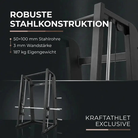 Titanium Strength Black Series Smith-Maschine 7° als Infografik zur Stahlkonstruktion mit Rohrmaßen