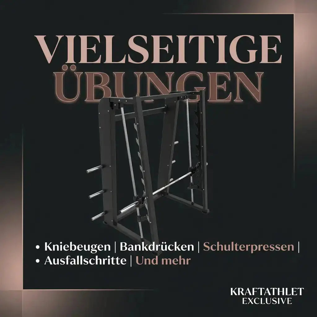 Titanium Strength Black Series Smith-Maschine 7° als Infografik zu Übungen wie Kniebeugen und Bankdrücken